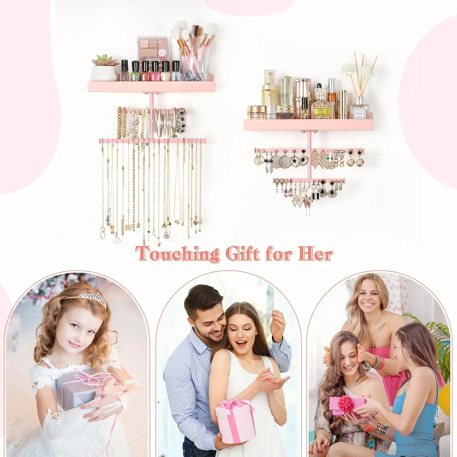 Keebofly Jewelry Organizer Wall Mounted Hanging with Wooden Shelf for Kids, Girls, Teens, Jewelry Holder Storage Display for Earring, Necklace, Bracelet, Bow, Pink, (Patented)