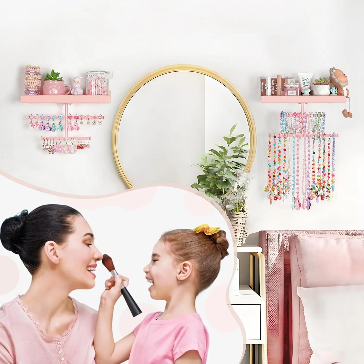 Keebofly Jewelry Organizer Wall Mounted Hanging with Wooden Shelf for Kids, Girls, Teens, Jewelry Holder Storage Display for Earring, Necklace, Bracelet, Bow, Pink, (Patented)