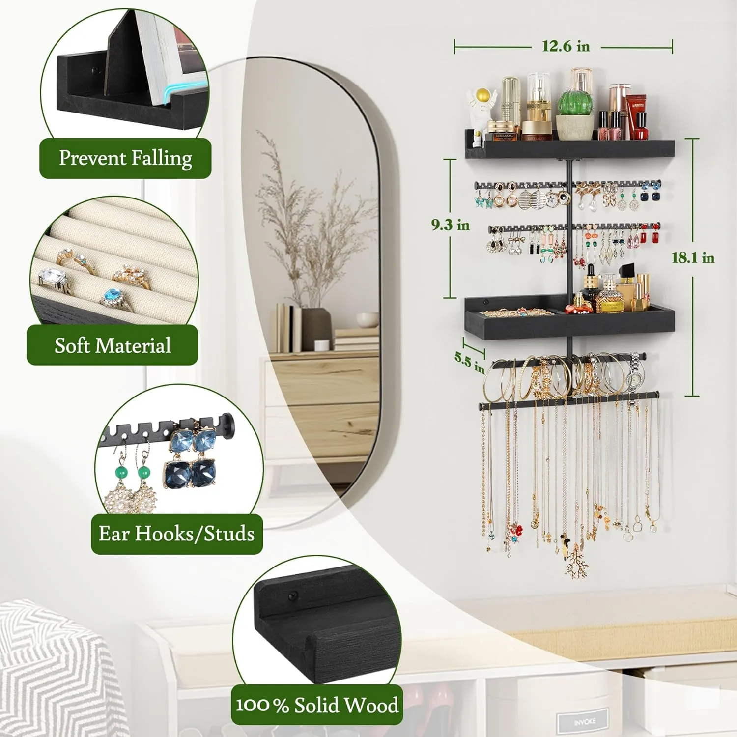 Keebofly Wall Mounted Jewelry Organizer with 2 Tired Shelves & Ring Holder- Jewelry Holder Wall Storage Display for Earrings, Necklace, Bracelet in Bathroom Bedroom, Black