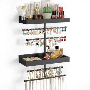 Keebofly Wall Mounted Jewelry Organizer with 2 Tired Shelves & Ring Holder- Jewelry Holder Wall Storage Display for Earrings, Necklace, Bracelet in Bathroom Bedroom, Black
