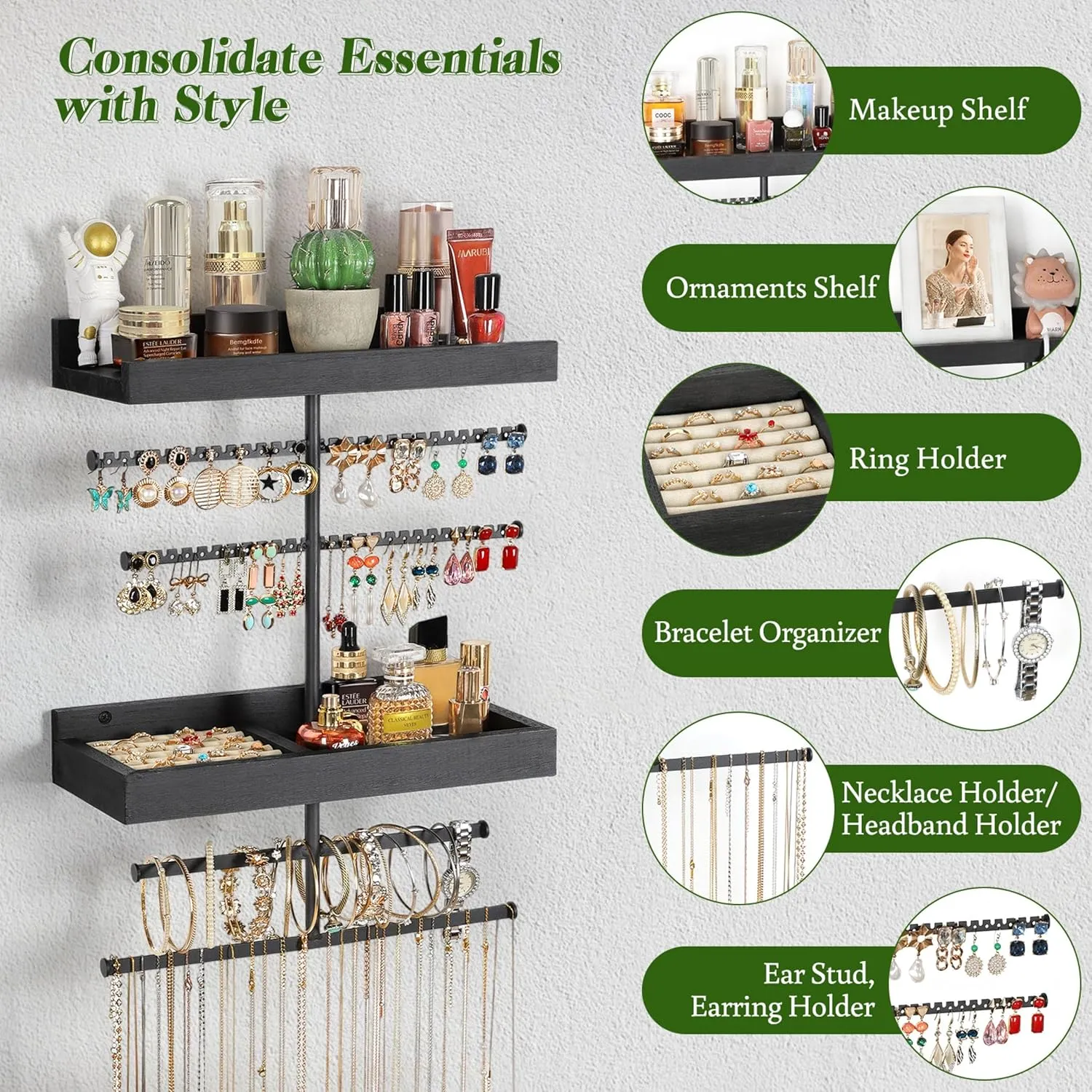 Keebofly Wall Mounted Jewelry Organizer with 2 Tired Shelves & Ring Holder- Jewelry Holder Wall Storage Display for Earrings, Necklace, Bracelet in Bathroom Bedroom, Black