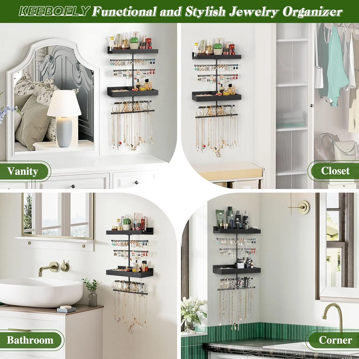 Keebofly Wall Mounted Jewelry Organizer with 2 Tired Shelves & Ring Holder- Jewelry Holder Wall Storage Display for Earrings, Necklace, Bracelet in Bathroom Bedroom, Black