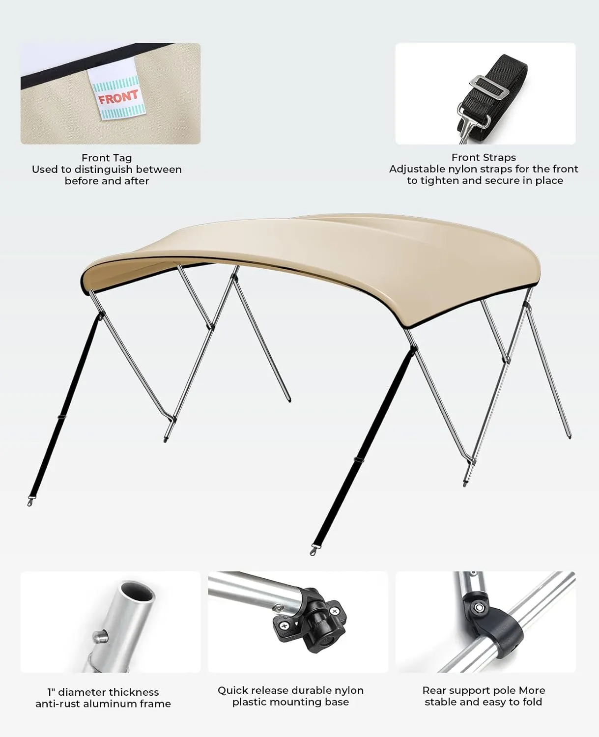 KEMIMOTO Bimini Top for Boat, Bimini Tops Cover 600D Marine Grade Canvas Boat Canopy with 6ft Length 54 in - 96 in Width 46 in Height, Includes Mounting Hardware, Straps Rear Support Poles