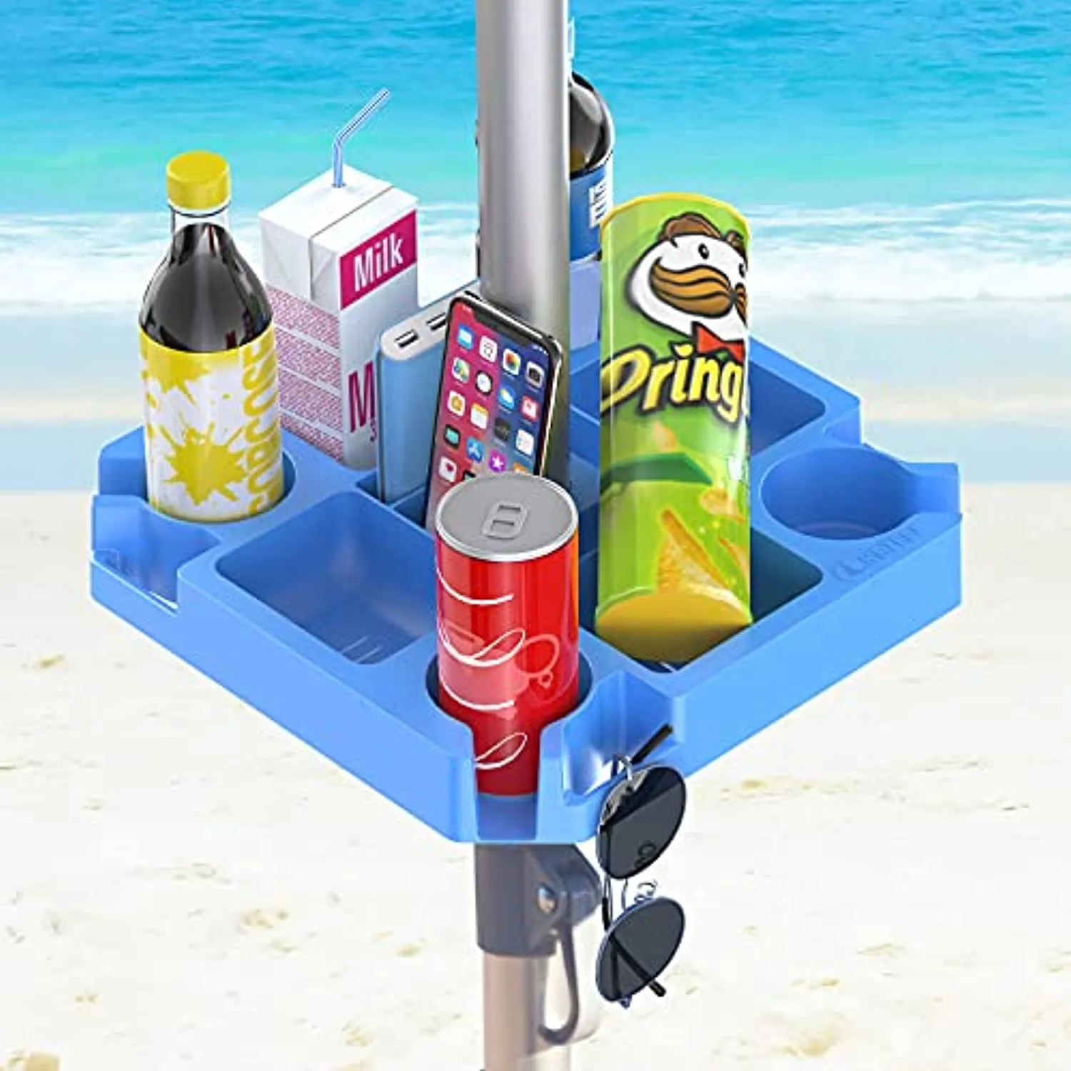 Keten Beach Umbrella Table Tray with 4 Cup Holders, 4 Snack Compartments, 4 Sunglasses Holes, 4 Phone Slots, Umbrella Table for Beach, Patio, Garden, Swimming Pool, 16 Inches, Blue
