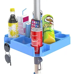 Keten Beach Umbrella Table Tray with 4 Cup Holders, 4 Snack Compartments, 4 Sunglasses Holes, 4 Phone Slots, Umbrella Table for Beach, Patio, Garden, Swimming Pool, 16 Inches, Blue