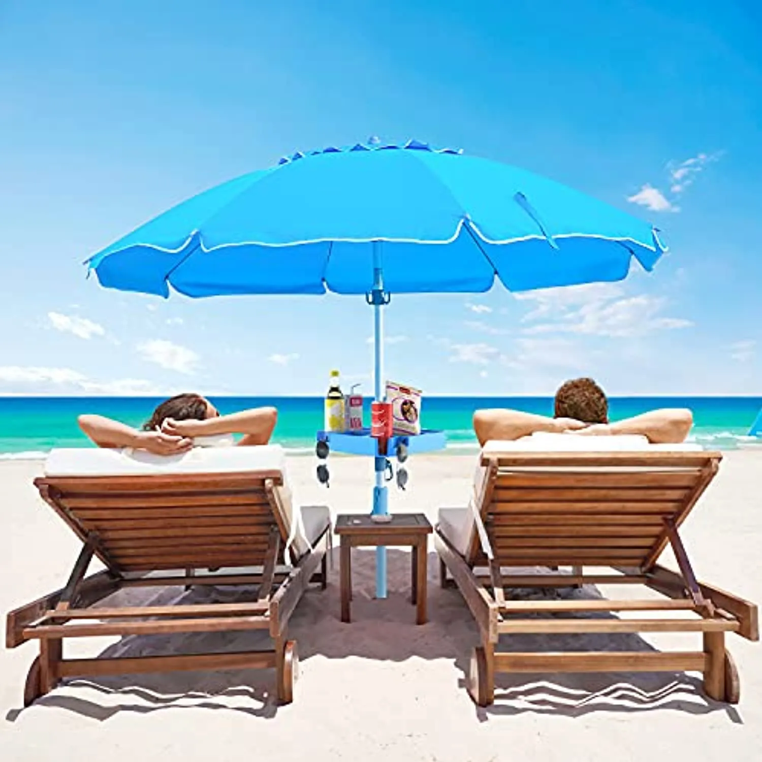 Keten Beach Umbrella Table Tray with 4 Cup Holders, 4 Snack Compartments, 4 Sunglasses Holes, 4 Phone Slots, Umbrella Table for Beach, Patio, Garden, Swimming Pool, 16 Inches, Blue