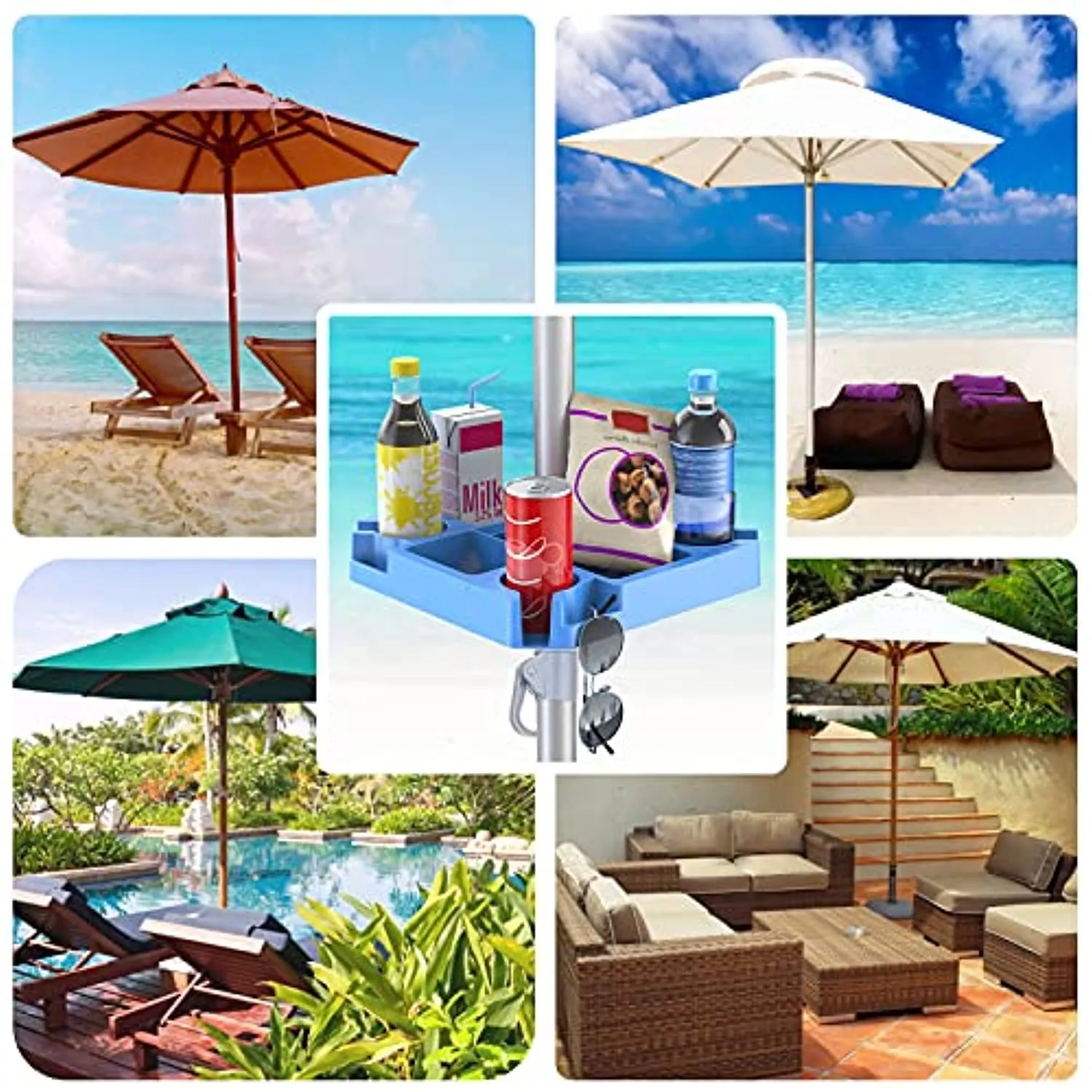 Keten Beach Umbrella Table Tray with 4 Cup Holders, 4 Snack Compartments, 4 Sunglasses Holes, 4 Phone Slots, Umbrella Table for Beach, Patio, Garden, Swimming Pool, 16 Inches, Blue