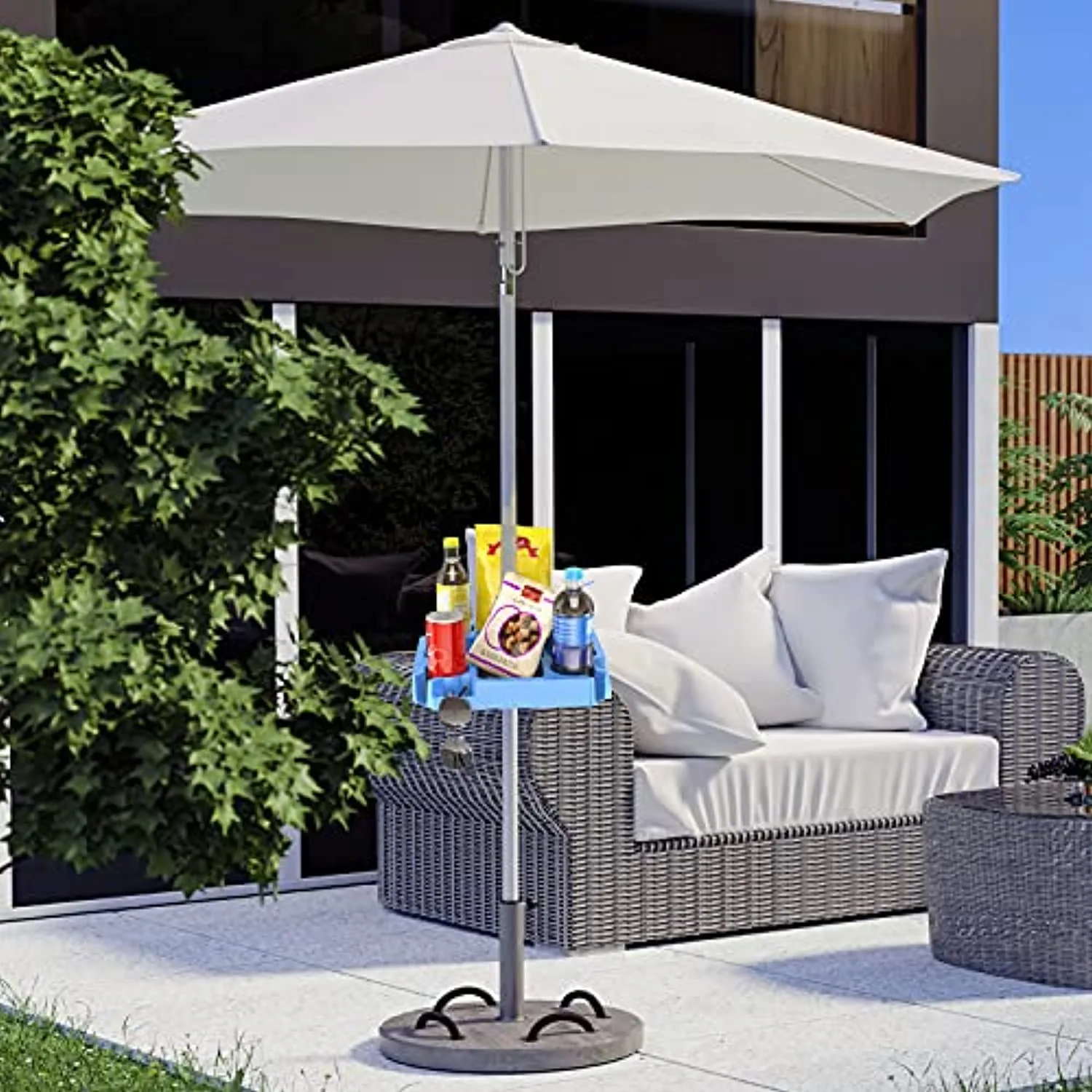 Keten Beach Umbrella Table Tray with 4 Cup Holders, 4 Snack Compartments, 4 Sunglasses Holes, 4 Phone Slots, Umbrella Table for Beach, Patio, Garden, Swimming Pool, 16 Inches, Blue
