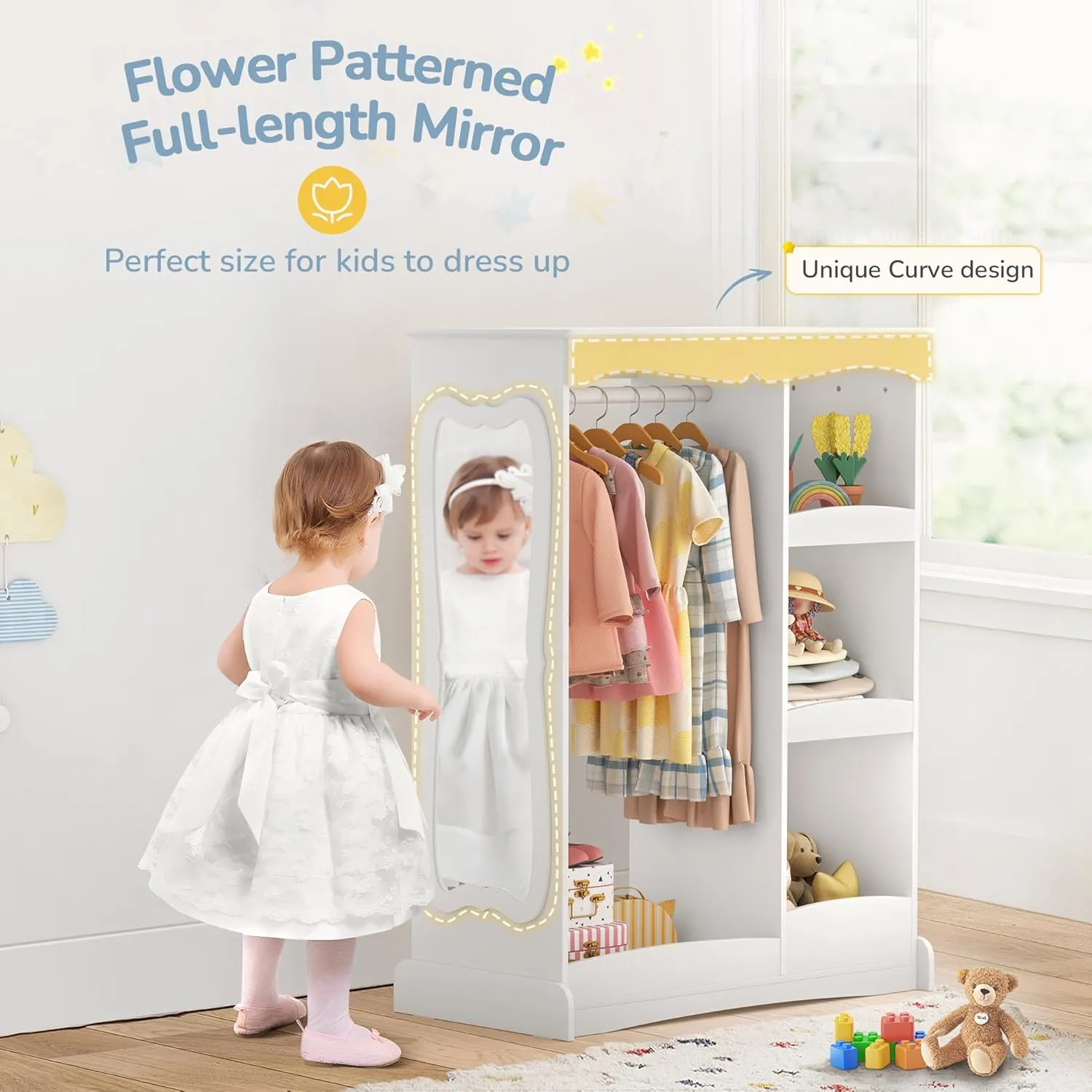 Kids Dress Up Storage with Flower Mirror, Open Hanging Closet Wardrobe for Children, Kids Armoire & Costume Organizer for Bedroom Playroom,White