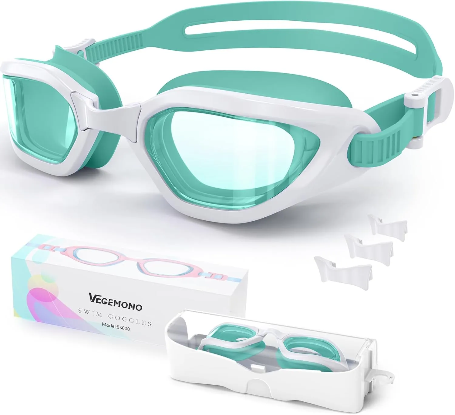 Kids Swim Goggles in Candy Dual-Tone, Adjustable Nose Pads & Soft Silicone for Leak-proof Fit Across Ages(6-14), Clear Wide Vision & Anti-Fog &Anti-UV, With Fashion Hard Protective Case