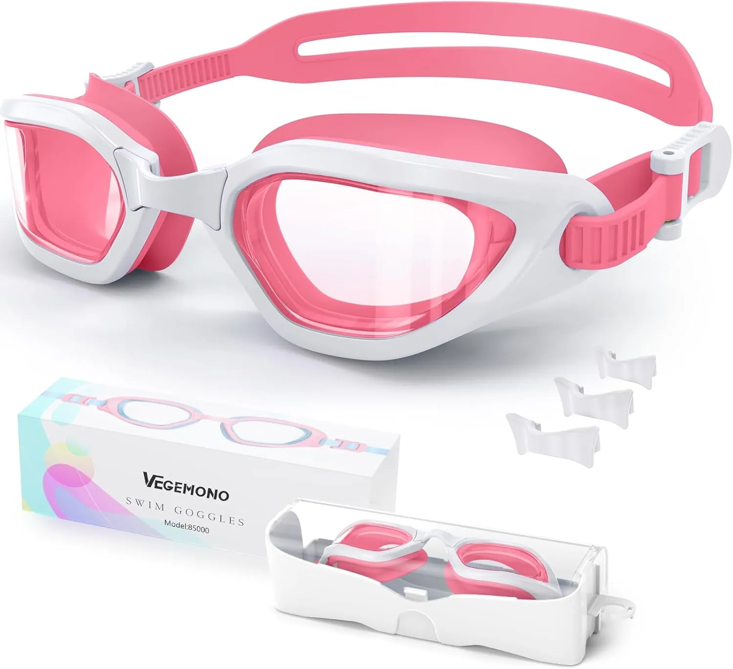 Kids Swim Goggles in Candy Dual-Tone, Adjustable Nose Pads & Soft Silicone for Leak-proof Fit Across Ages(6-14), Clear Wide Vision & Anti-Fog &Anti-UV, With Fashion Hard Protective Case