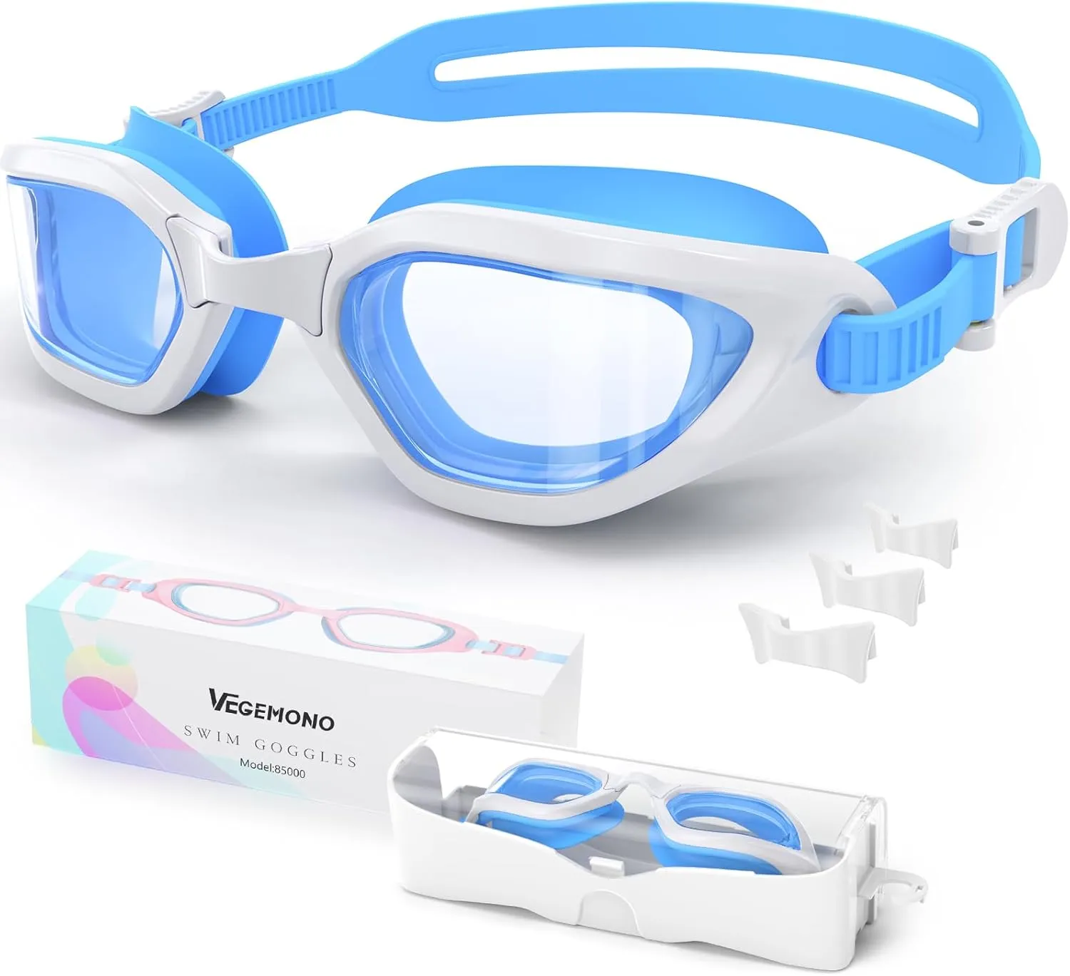 Kids Swim Goggles in Candy Dual-Tone, Adjustable Nose Pads & Soft Silicone for Leak-proof Fit Across Ages(6-14), Clear Wide Vision & Anti-Fog &Anti-UV, With Fashion Hard Protective Case