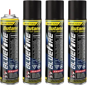 KOMAN Butane Refill 300ml Butane Fuel Refill Butane Canister for Torch Lighter Fluid Refill Canister Butane Torch Kitchen Blow Torch 10.56 fl oz with 5 Different Nozzle Adapters(4 cans)