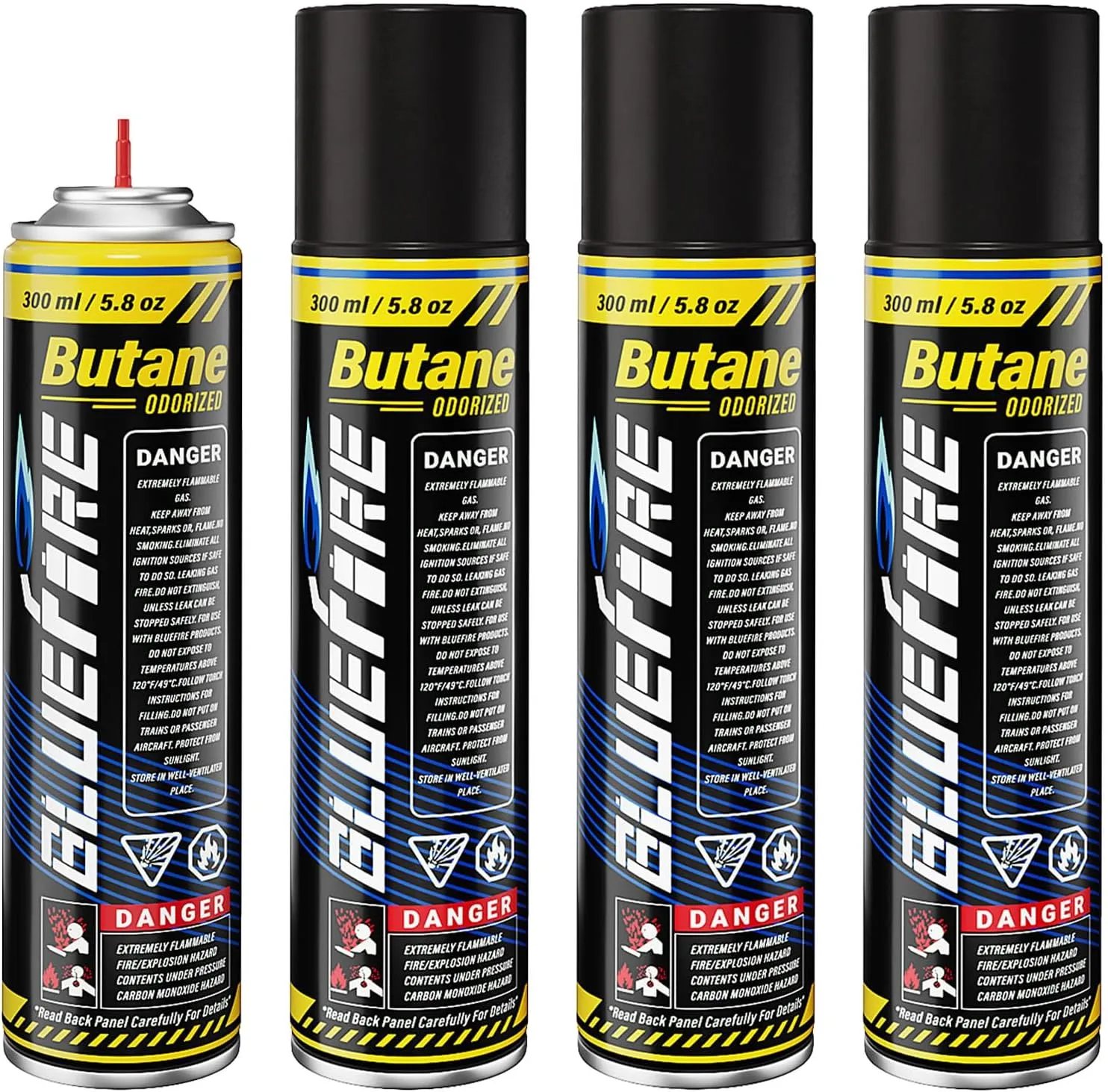 KOMAN Butane Refill 300ml Butane Fuel Refill Butane Canister for Torch Lighter Fluid Refill Canister Butane Torch Kitchen Blow Torch 10.56 fl oz with 5 Different Nozzle Adapters(4 cans)