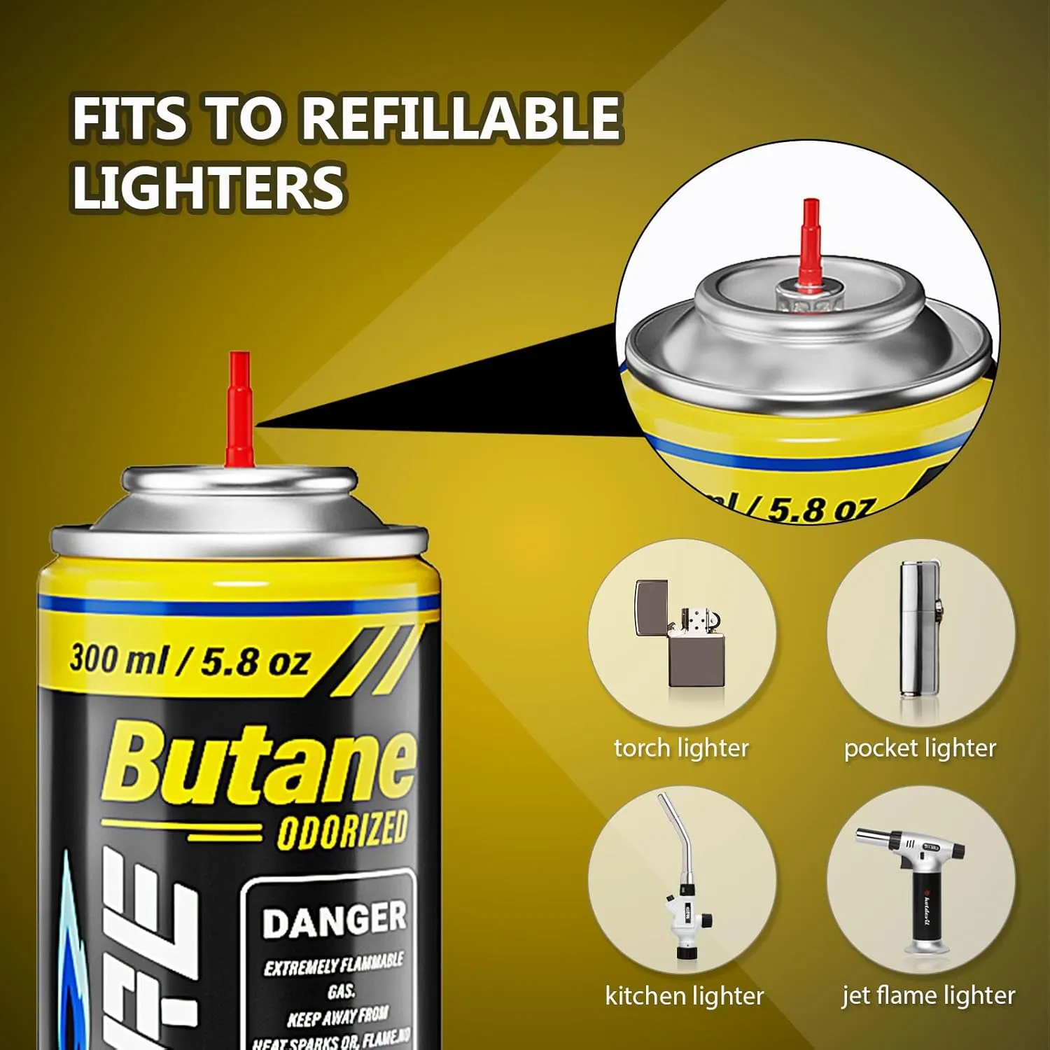 KOMAN Butane Refill 300ml Butane Fuel Refill Butane Canister for Torch Lighter Fluid Refill Canister Butane Torch Kitchen Blow Torch 10.56 fl oz with 5 Different Nozzle Adapters(4 cans)