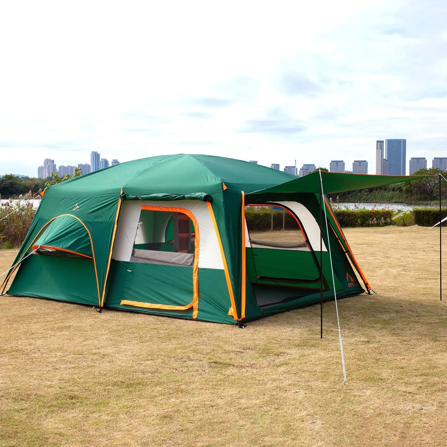 KTT Extra Large Tent 10-12-14 Person(Style-B),Family Cabin Tents,2 Rooms,3 Doors and 3 Windows with Mesh,Straight Wall,Waterproof,Double Layer,Big Tent for Outdoor,Picnic,Camping,Family Gathering