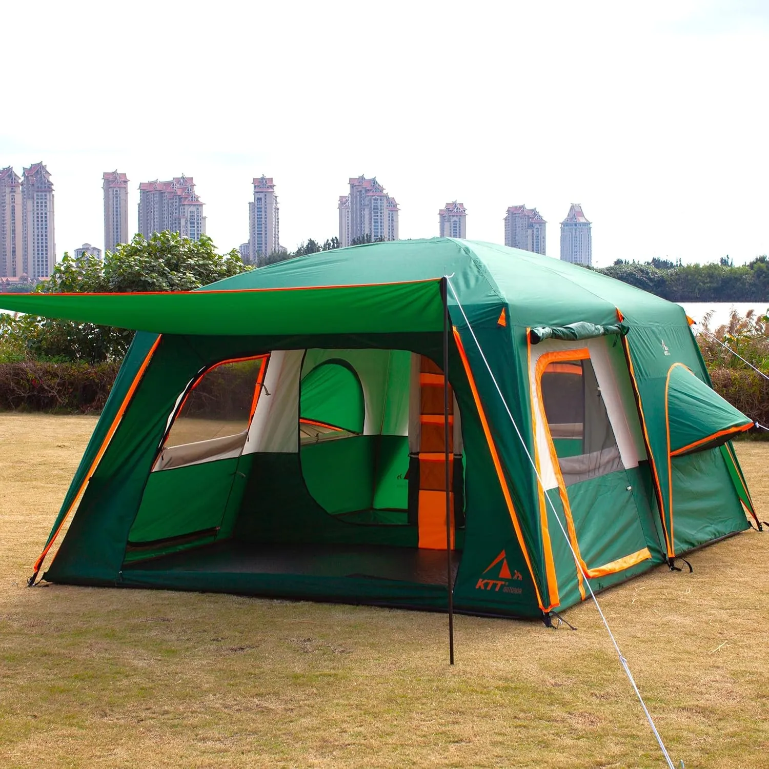 KTT Extra Large Tent 10-12-14 Person(Style-B),Family Cabin Tents,2 Rooms,3 Doors and 3 Windows with Mesh,Straight Wall,Waterproof,Double Layer,Big Tent for Outdoor,Picnic,Camping,Family Gathering