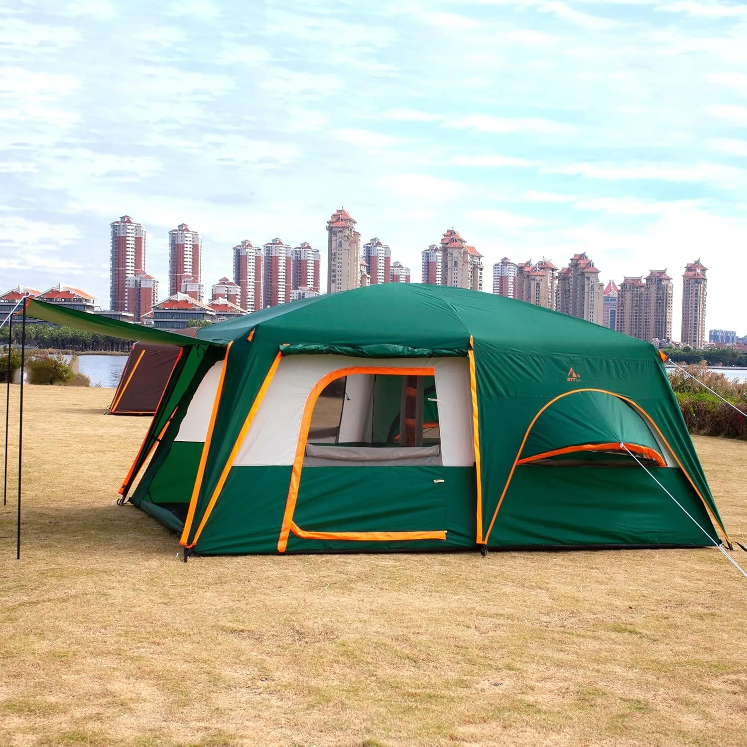 KTT Extra Large Tent 10-12-14 Person(Style-B),Family Cabin Tents,2 Rooms,3 Doors and 3 Windows with Mesh,Straight Wall,Waterproof,Double Layer,Big Tent for Outdoor,Picnic,Camping,Family Gathering