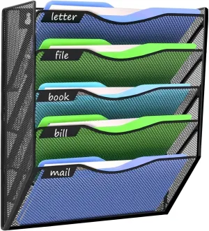 Kuntine.B 5 Pocket Wall File Holder Organizer Office Hanging Magazine Holder Wall File Organizer for Office Home (Black, 5 Tier)