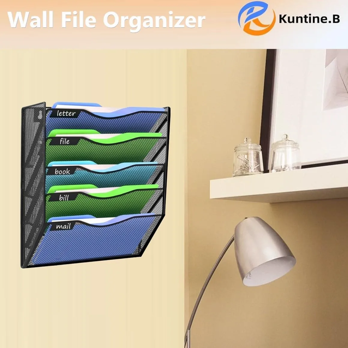 Kuntine.B 5 Pocket Wall File Holder Organizer Office Hanging Magazine Holder Wall File Organizer for Office Home (Black, 5 Tier)