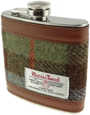 KWH Glen Appin of Scotland Green Brown MacLeod Tartan Check Harris Tweed 6oz Stainless Steel Pocket Hip Flask