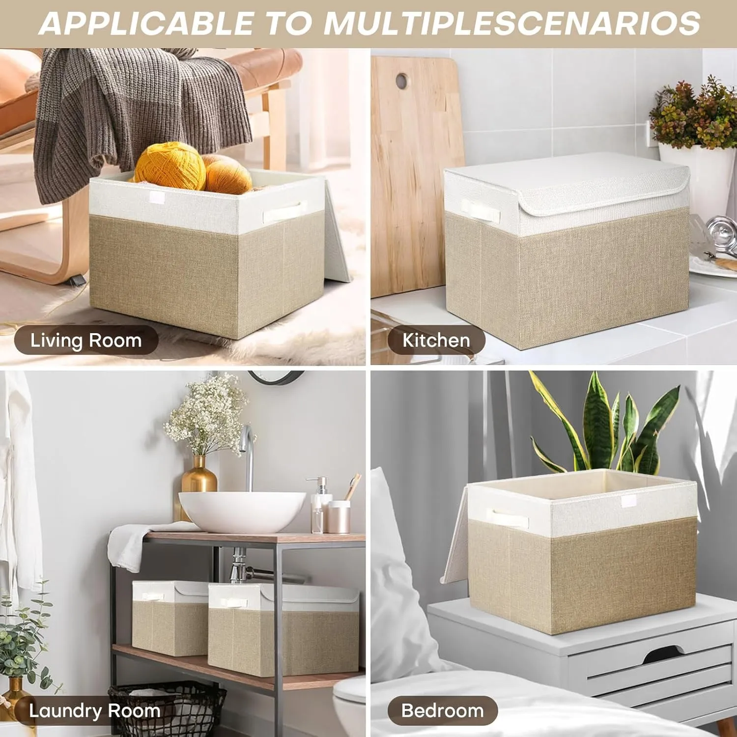 Large 17" 42 Quarts Collapsible Stackable Storage Bins with Lids [3-Pack] Foldable Fabric Linen Storage Boxes Cube, Closet Organizer Baskets with Label (16.7 x 12 x 12, Beige & White)
