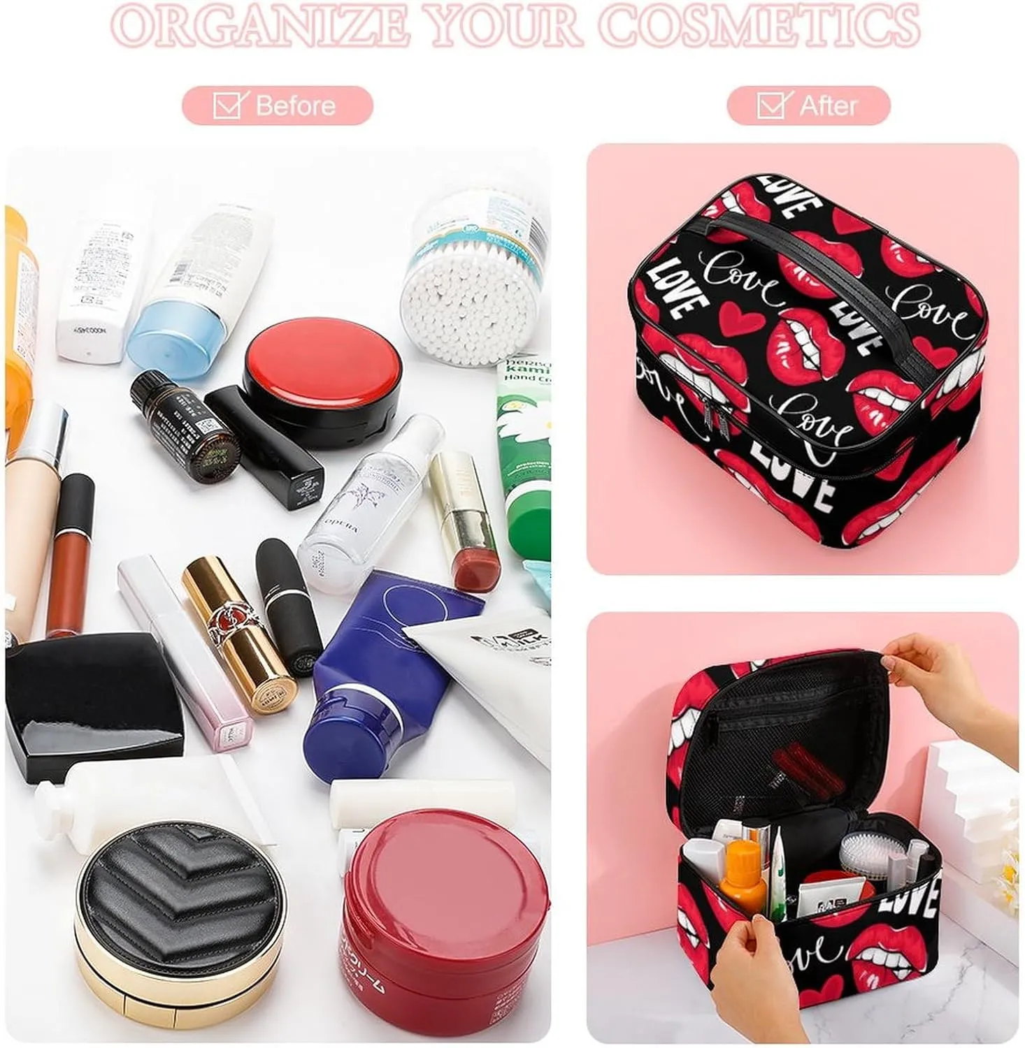 Large Capacity Makeup Organizer Bag, Portable Stylish Cosmetic Case with Zipper Pouch Valentines Sexy Red Lips Love Red Black Toiletry Storage Bag Travel Accessories