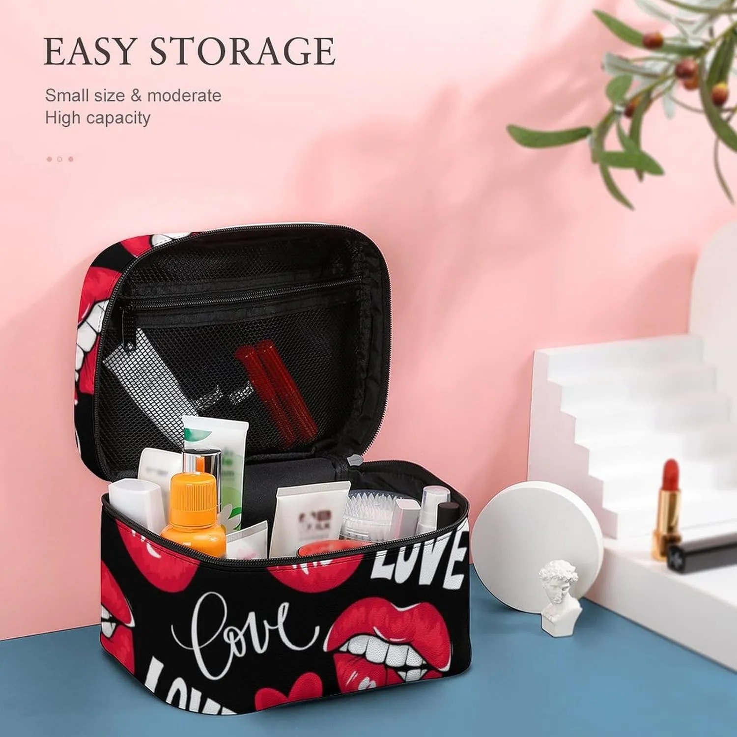 Large Capacity Makeup Organizer Bag, Portable Stylish Cosmetic Case with Zipper Pouch Valentines Sexy Red Lips Love Red Black Toiletry Storage Bag Travel Accessories