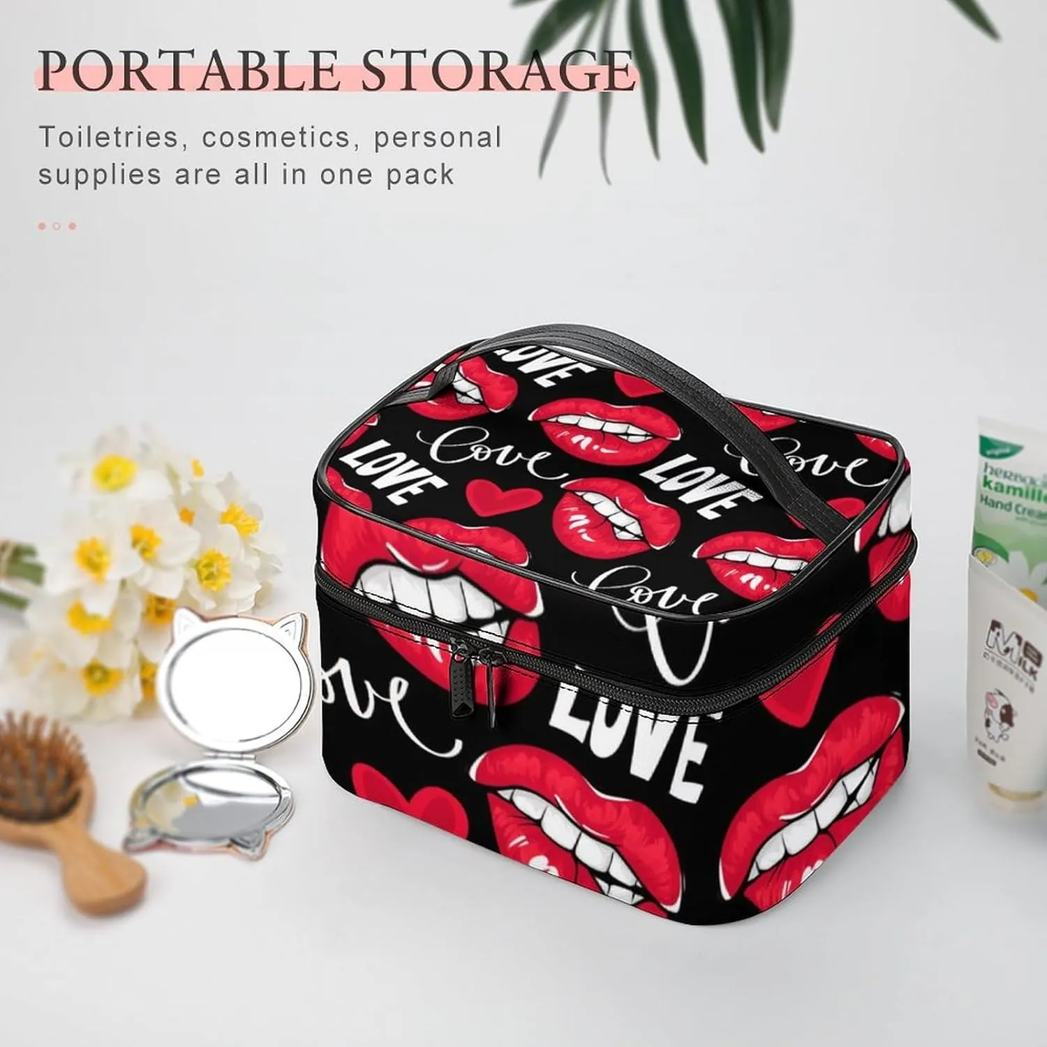Large Capacity Makeup Organizer Bag, Portable Stylish Cosmetic Case with Zipper Pouch Valentines Sexy Red Lips Love Red Black Toiletry Storage Bag Travel Accessories