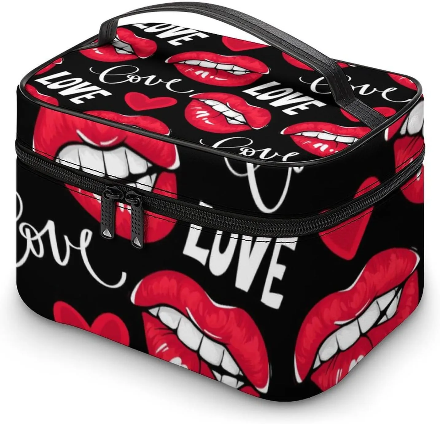 Large Capacity Makeup Organizer Bag, Portable Stylish Cosmetic Case with Zipper Pouch Valentines Sexy Red Lips Love Red Black Toiletry Storage Bag Travel Accessories