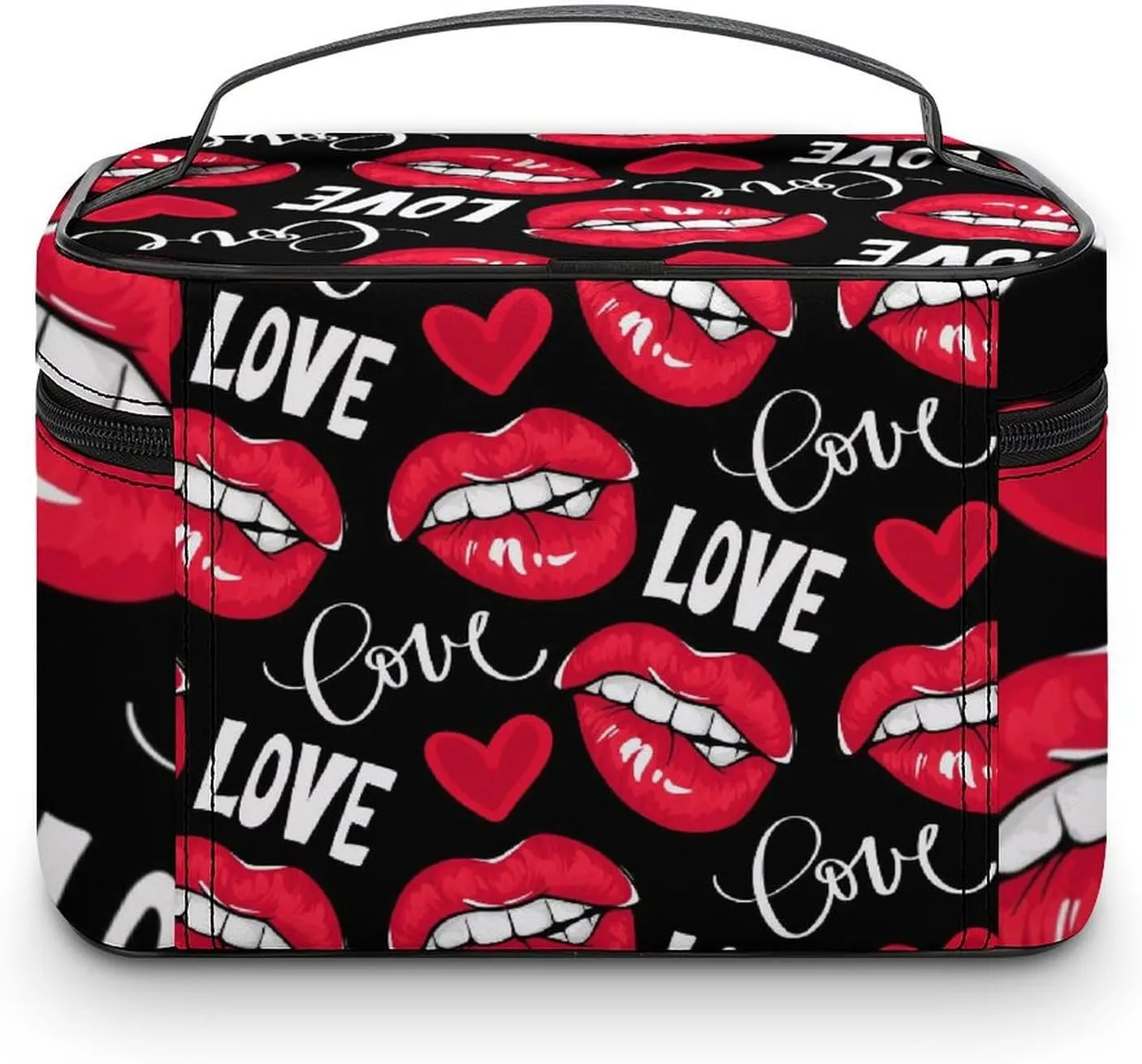 Large Capacity Makeup Organizer Bag, Portable Stylish Cosmetic Case with Zipper Pouch Valentines Sexy Red Lips Love Red Black Toiletry Storage Bag Travel Accessories