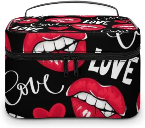 Large Capacity Makeup Organizer Bag, Portable Stylish Cosmetic Case with Zipper Pouch Valentines Sexy Red Lips Love Red Black Toiletry Storage Bag Travel Accessories