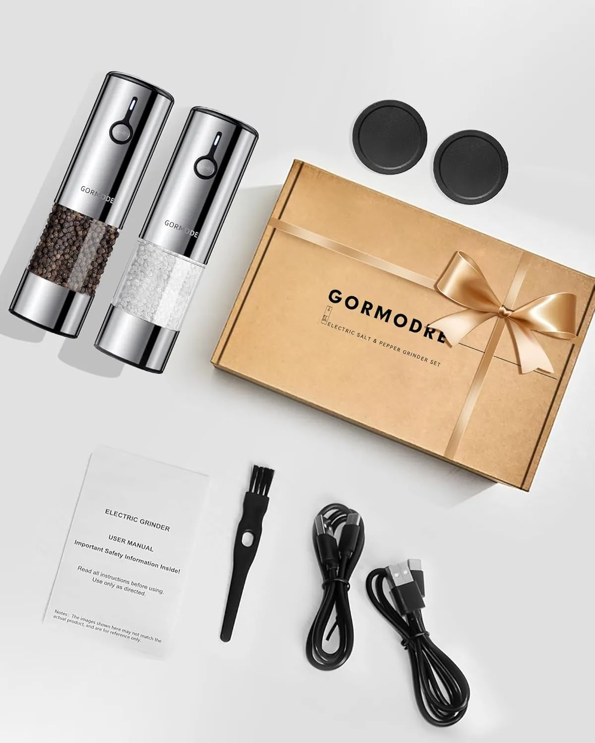 Large Capacity Rechargeable Electric Salt and Pepper Grinder Set -USB Charging Port with Sliding Dust Cover; Automatic Salt and Pepper Mill Grinder With LED Light-6 Adjustable Grinding Modes