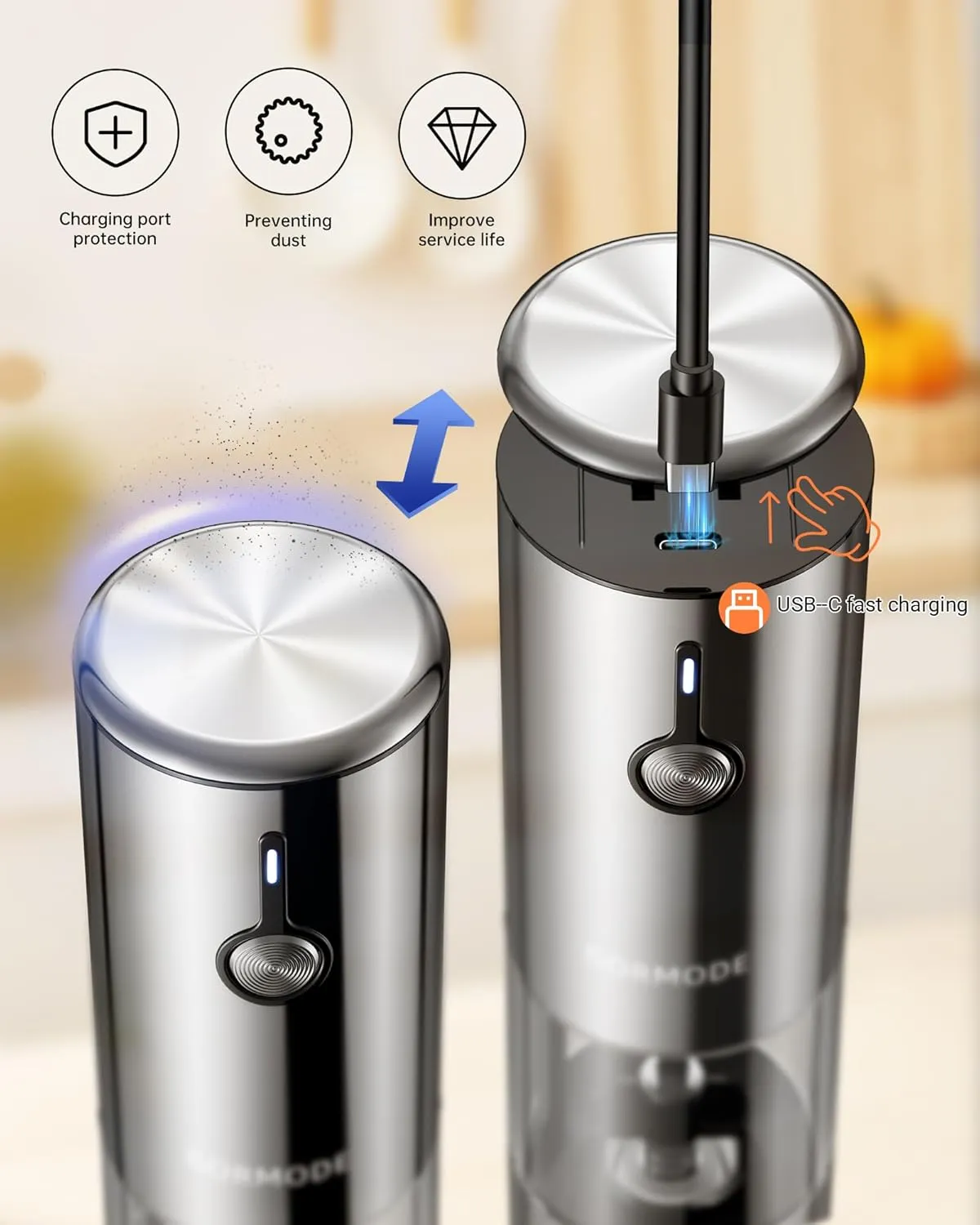 Large Capacity Rechargeable Electric Salt and Pepper Grinder Set -USB Charging Port with Sliding Dust Cover; Automatic Salt and Pepper Mill Grinder With LED Light-6 Adjustable Grinding Modes