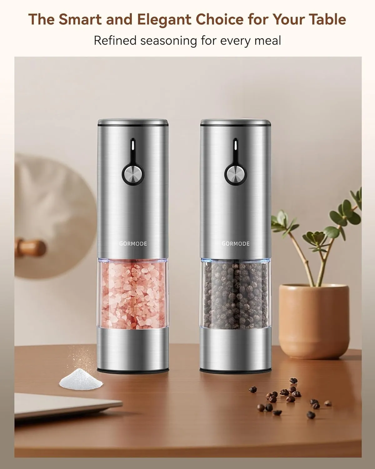 Large Capacity Rechargeable Electric Salt and Pepper Grinder Set -USB Charging Port with Sliding Dust Cover; Automatic Salt and Pepper Mill Grinder With LED Light-6 Adjustable Grinding Modes