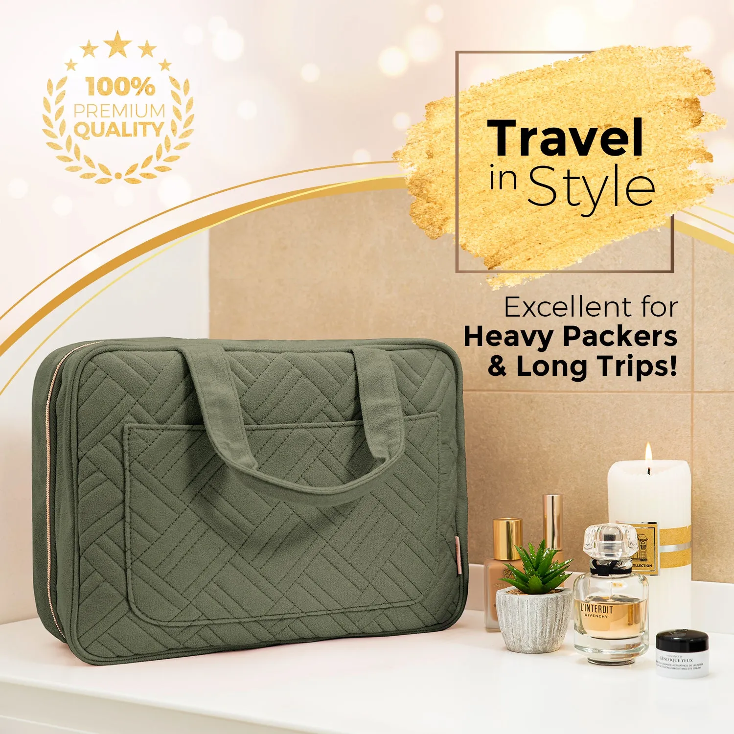 Large Foldable Hanging Toiletry Bag - Olive Green