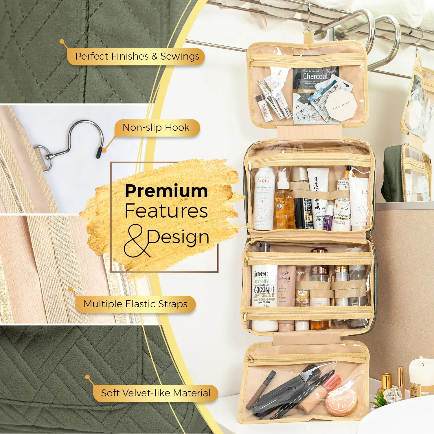 Large Foldable Hanging Toiletry Bag - Olive Green