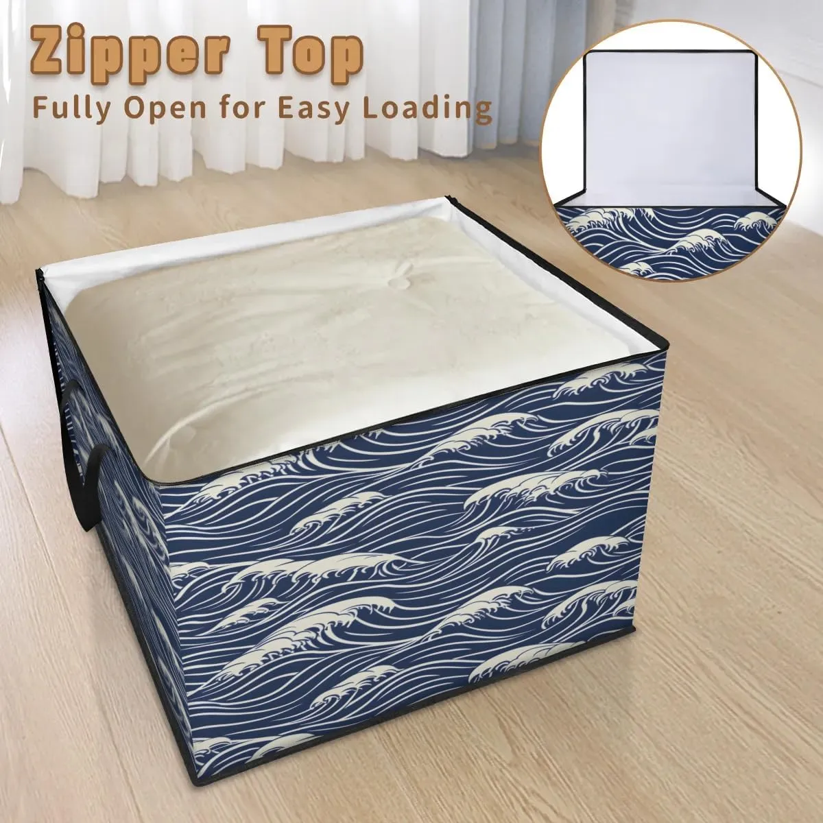 Large Storage Bags Seawater Print Closet Organizer Foldable Clothes Storage Bins with Handles Storage Containers for Blanket Comforter Pillow
