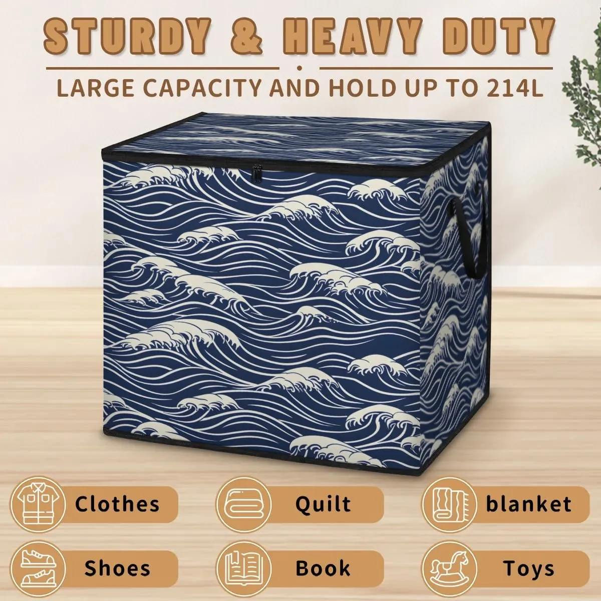Large Storage Bags Seawater Print Closet Organizer Foldable Clothes Storage Bins with Handles Storage Containers for Blanket Comforter Pillow