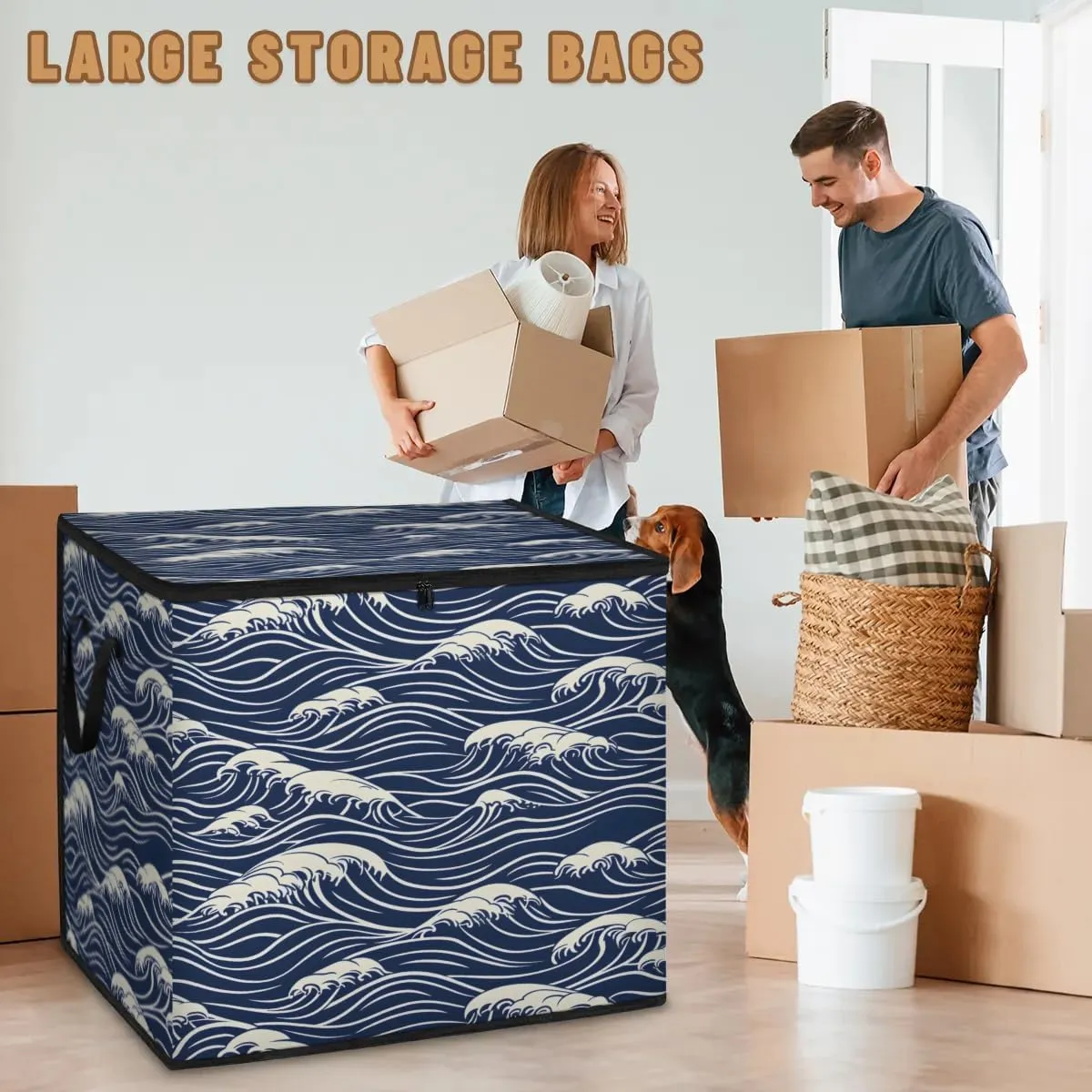 Large Storage Bags Seawater Print Closet Organizer Foldable Clothes Storage Bins with Handles Storage Containers for Blanket Comforter Pillow