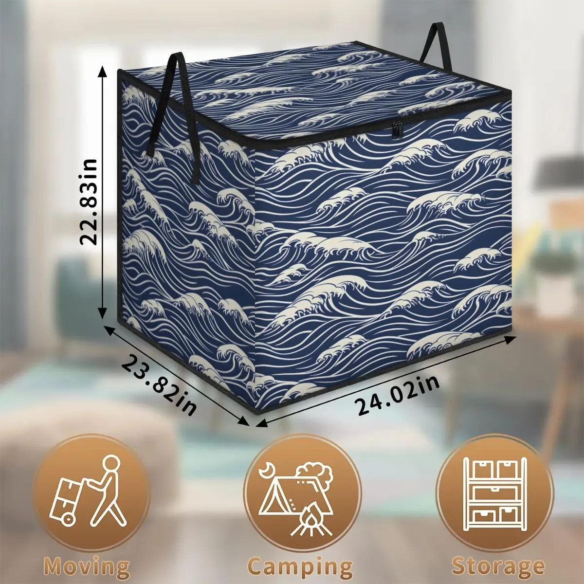 Large Storage Bags Seawater Print Closet Organizer Foldable Clothes Storage Bins with Handles Storage Containers for Blanket Comforter Pillow