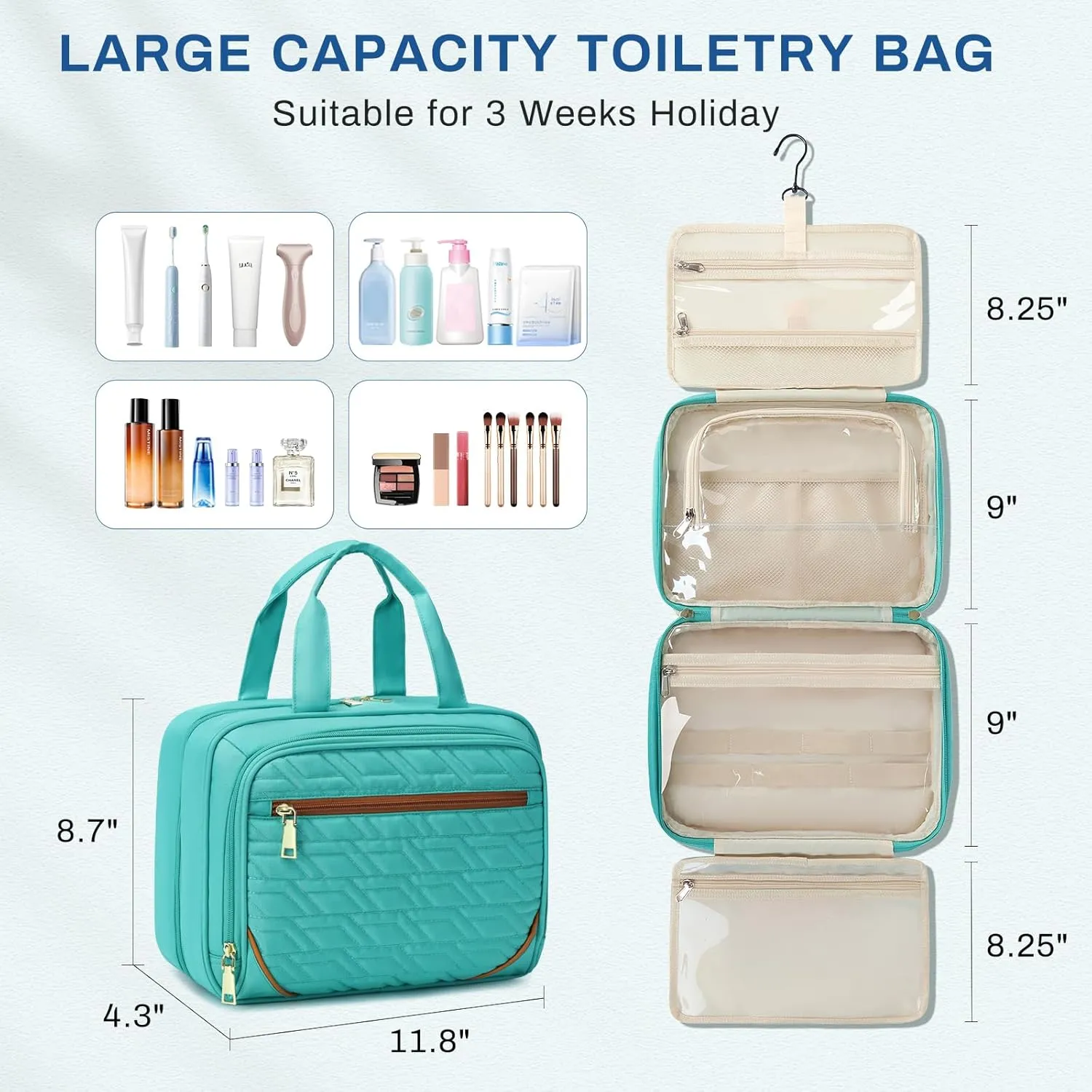 Large Travel Toiletry Bag for Women, Waterproof Hanging Toiletry Bags with Jewelry Organizer, Cosmetic Makeup Bag Organizer, Full-size Container, Travel Essentials Accessories, Shampoo, Green