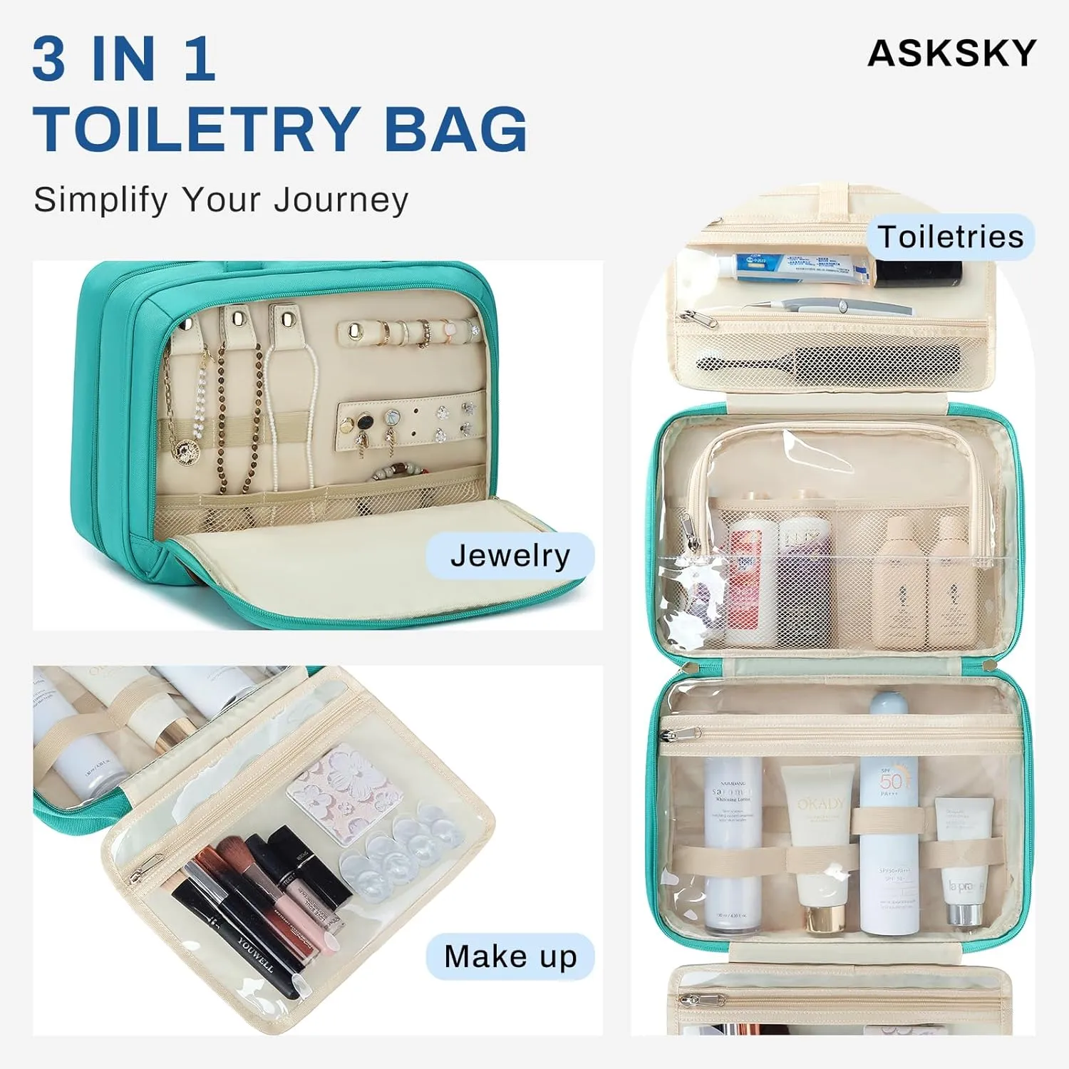 Large Travel Toiletry Bag for Women, Waterproof Hanging Toiletry Bags with Jewelry Organizer, Cosmetic Makeup Bag Organizer, Full-size Container, Travel Essentials Accessories, Shampoo, Green