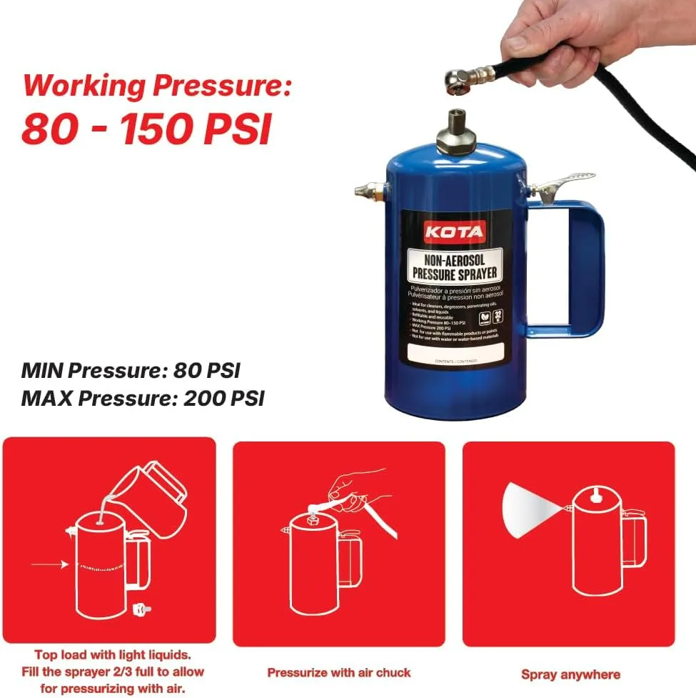 LAUCO Non Aerosol Pressure Sprayer - Refillable Pressurized Sprayer Bottle for Oil, Solvent, Degreasers, Lubricants - Rechargeable Steel Canister with Brass Nozzles, 32oz. (1, Blue)