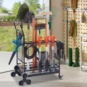 Lauren&Harold Garden Tool Organizer for Garage, Yard Tools Storage Rack with 2 Stair-Climbing Wheels, Gardening Tool Storage Holder for Garage, Yard, Lawn and Outdoor, Garden Tool Rolling Cart