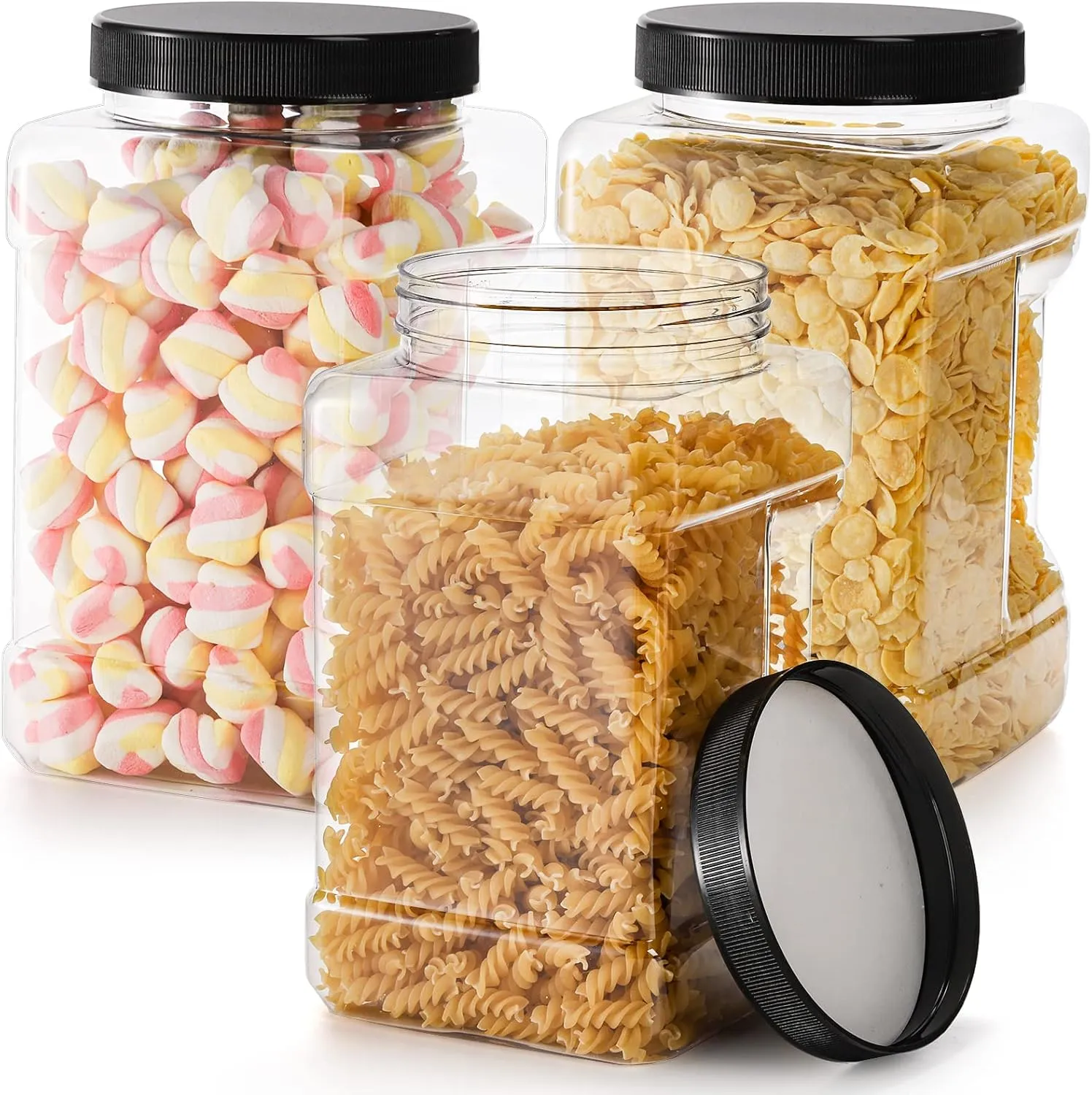 Lawei 3 Pack Square Clear Plastic Jars, 98 Oz Wide Mouth Storage Containers with Screw-On Lids, Refillable BPA Free Empty PET Jars for Dry Goods Peanut Cookies Candy, Easy Grip Airtight Storage Jar