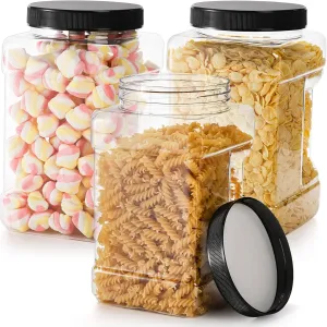 Lawei 3 Pack Square Clear Plastic Jars, 98 Oz Wide Mouth Storage Containers with Screw-On Lids, Refillable BPA Free Empty PET Jars for Dry Goods Peanut Cookies Candy, Easy Grip Airtight Storage Jar