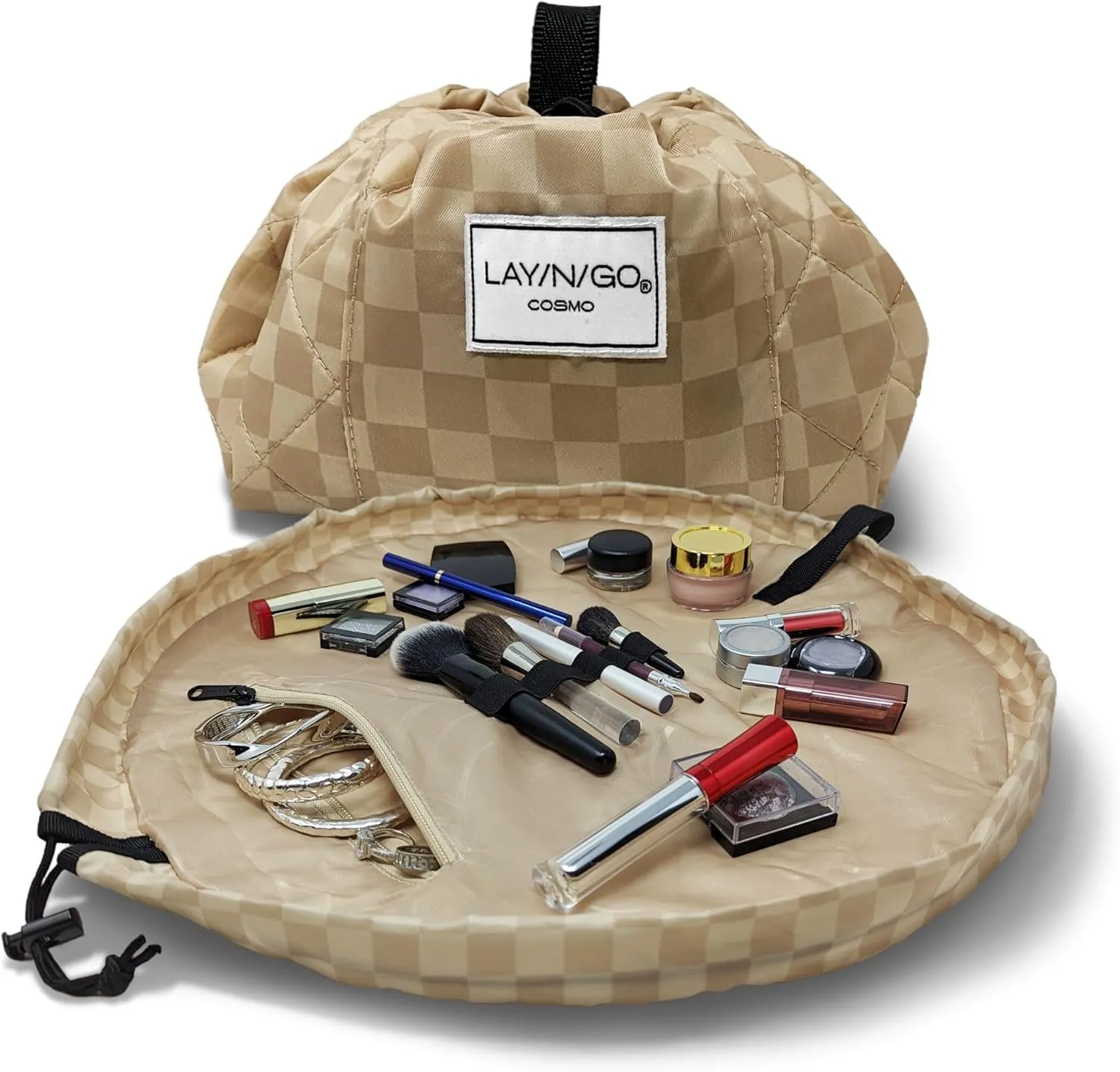 Lay-n-Go Cosmo Drawstring Cosmetic & Makeup Bag Organizer - Portable Drawstring Bag w/Zipper Pocket, Makeup Loops & More - Durable, Machine Washable Toiletry Bag for Travel (20", Checked)