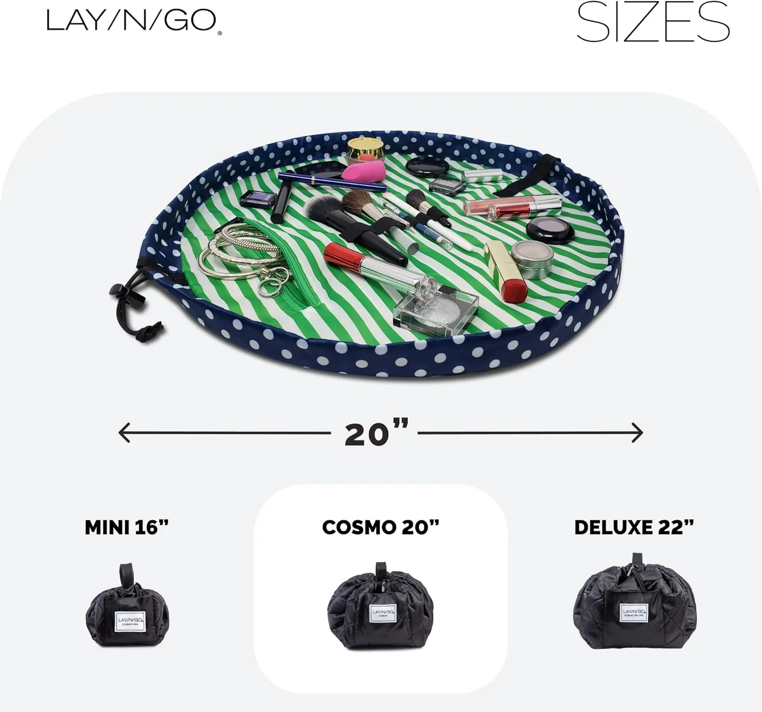 Lay-n-Go Cosmo Drawstring Cosmetic & Makeup Bag Organizer - Portable Drawstring Makeup Bag w/Zipper Pocket, Makeup Loops & More - Durable, Machine Washable Toiletry Bag for Travel (20", Navy/Green)