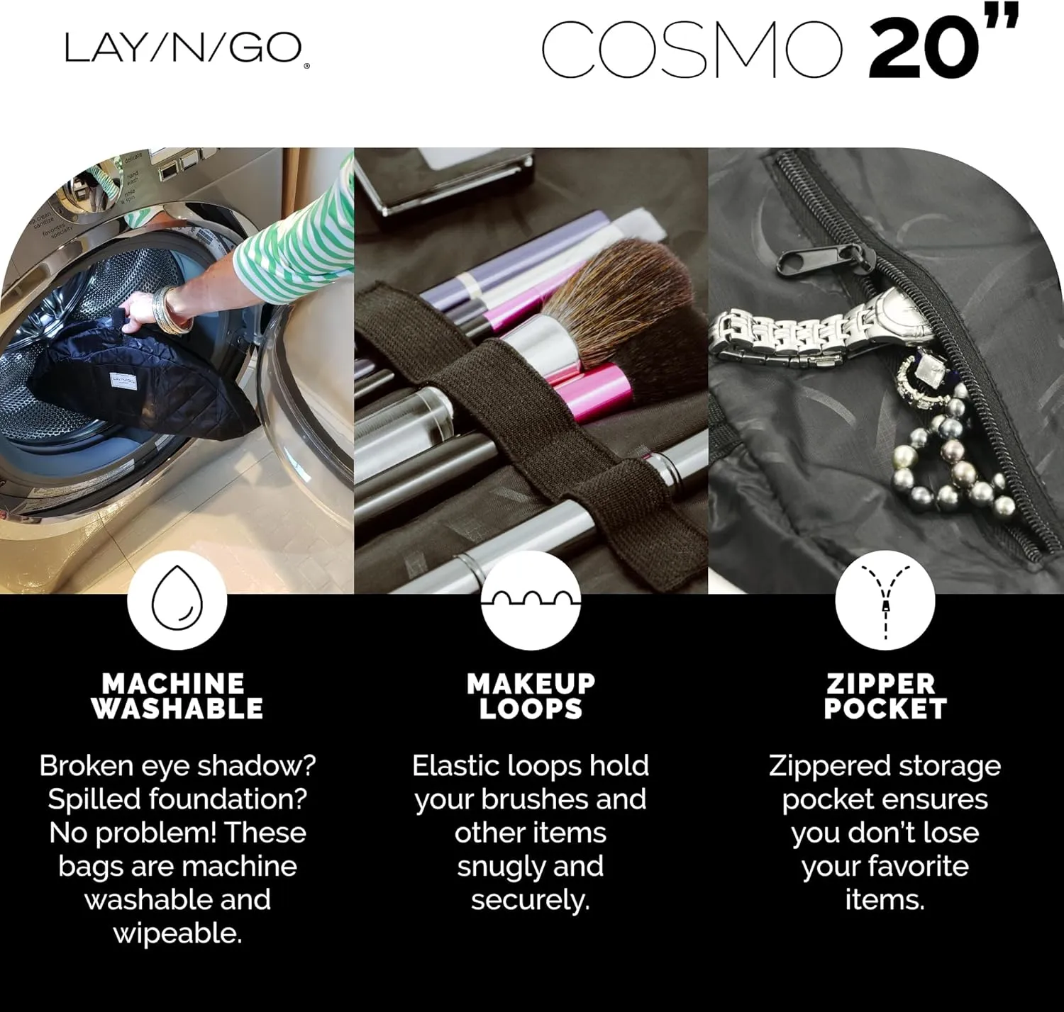 Lay-n-Go Cosmo Drawstring Cosmetic & Makeup Bag Organizer - Portable Drawstring Makeup Bag w/Zipper Pocket, Makeup Loops & More - Durable, Machine Washable Toiletry Bag for Travel (20", Navy/Green)